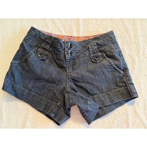 One Love Gray Denim Shorts – Size 4 – Button Front, Cuffed Hem, Paisley Lining - Picture 1 of 6